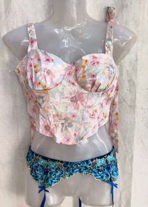 I. Floral Corset Top with Blue Lace Detail