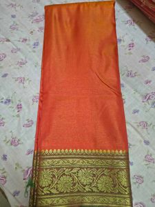 Orange Saree with Green Border pure silk