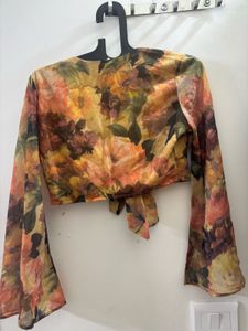 SASSAFRAS Chic Floral Tie-Front Cropped Blouse