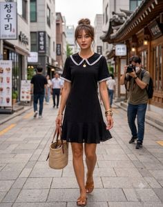 korean plus size Black Dress with Peter Pan Collar