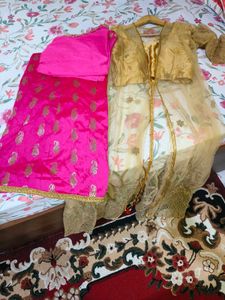Golden blouse pink lahnga with shrug