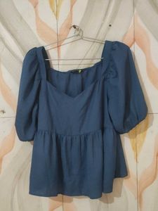 Stylish Blue Puff Sleeve Peplum Top