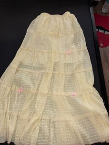 Cream Tiered Cottagecore Skirt with Pink Bow