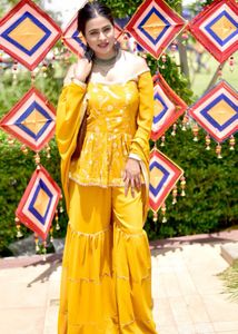 Mustard Off Shoulder Embroidered Kurti