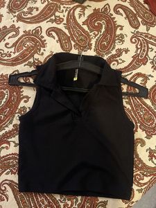 Sleek Black Collared Crop Top