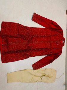 Men's Red Embroidered Kurta Set