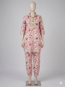 Floral Print Kurta Set with Embellished Neckline