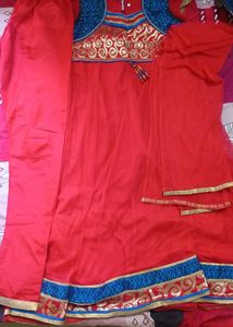Red Kurta Set with Blue & Gold Embellishments