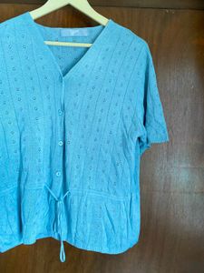 Light Blue Knit Button-Up Top