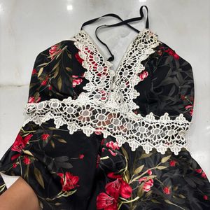 Floral Peplum Halter Top with Lace Trim