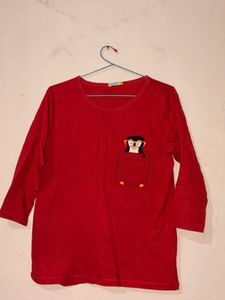 Red T-Shirt with Penguin Pocket Print