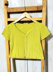 Lime Green Ribbed Button-Up Crop Top Size-30-32
