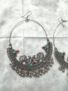 Oxidized Silver Peacock Hoop Earrings