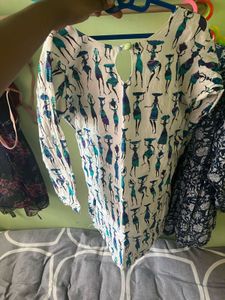 White Kurta with Folk Art Print