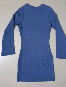 Blue Textured Long Sleeve Bodycon Dress