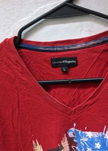 Men's Red V-Neck T-Shirt with American Flag Graphi