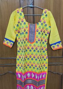 Yellow Embroidered Chanderi silk Suit w/ Pajami