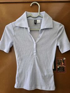 H&M Light Blue Ribbed Polo Tee