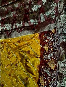 mustard yellow meroon Pure Silk Saree