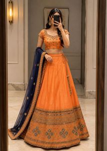 Orange Lehenga Choli with Blue Dupatta
