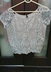 Exquisite Lace Embellished Crop Top - XL Size