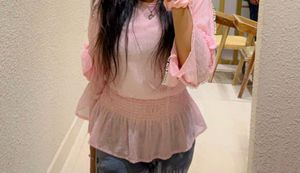 Chic Pink Peplum Blouse with Pearl like  Details