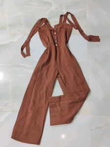 Brown Plaid Jumpsuit with Buttons