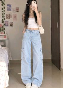 Light Wash Wide Leg Cargo Jeans
