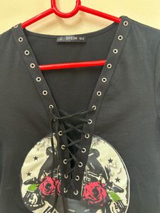 Shein Romantic Graphic Lace-Up Tee