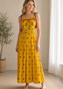 Yellow Floral Print Tassel Dress