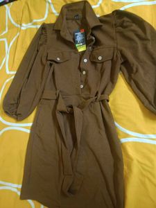 Chic Brown Shirt Dress with Puff Sleeves