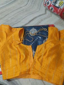 Designer Yellow Blouse with Blue Saree