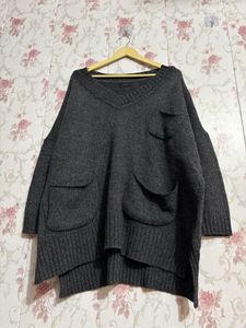 Cozy Grey V-Neck Pocket Sweater