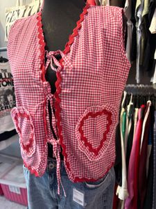 Red Gingham Heart Pocket Vest