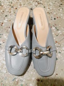 Chic Grey Mules with Silver Buckle Accent