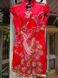 Red Chinese Style Dress with Peacock