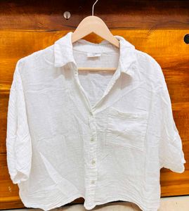 White Linen Blend Short Sleeve Shirt