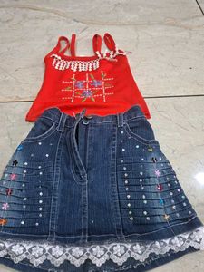 Cute Girls Red Top and Denim Skirt Set