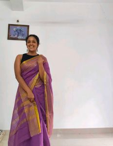 Beautiful Purple Saree with Gold Stripes