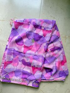 Unused Purple &amp; Pink Chffon Saree