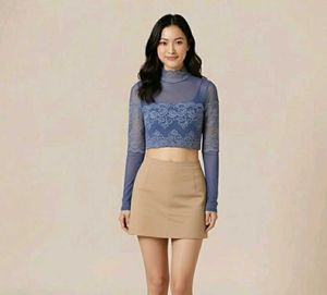 Sheer Lace Crop Detail Mesh Top/ Blouse