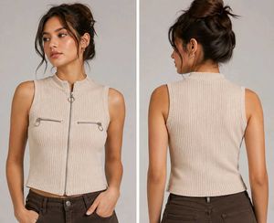 Ribbed Zip-Up Sleeveless Top