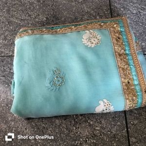 light weight Beautiful Sky Blue Embroidered Saree