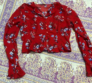 Red Floral Button-Up Blouse