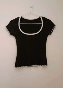 Black Ribbed Lettuce Trim Crop Top