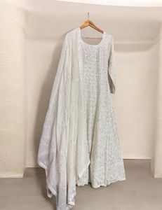 White Party Wear Anarkali Gown &amp; Dupatta