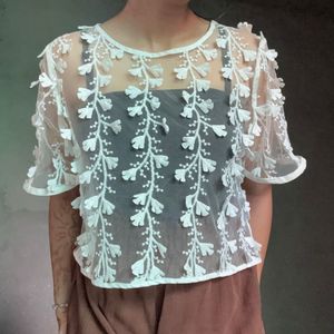 Sheer White 3D Embroidered Floral Top