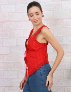 Shein Chic Red Lace-Trimmed Tie-Front Top
