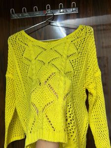 Bright Yellow Crochet Knit Sweater