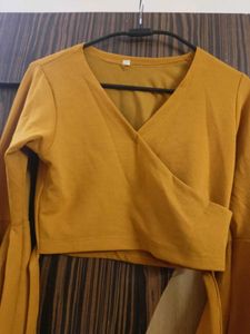 Women's Mustard Yellow Bell Sleeve Wrap Top
